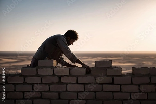 Obraz Construction worker building a brick wall in a desert landscape during sunset hours