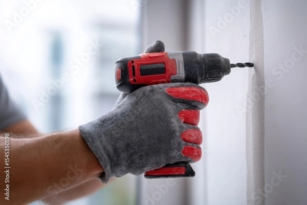 Obraz Hand using cordless drill to create hole in wall for installation or repair works in a modern indoor setting