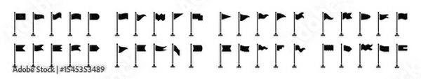 Fototapeta Collection of flag and pennant shape icons with poles for start, end, banner, location, map destination pictograms. Silhouette of a small waving flagpole in black isolated on white. Symbols, pins, sig