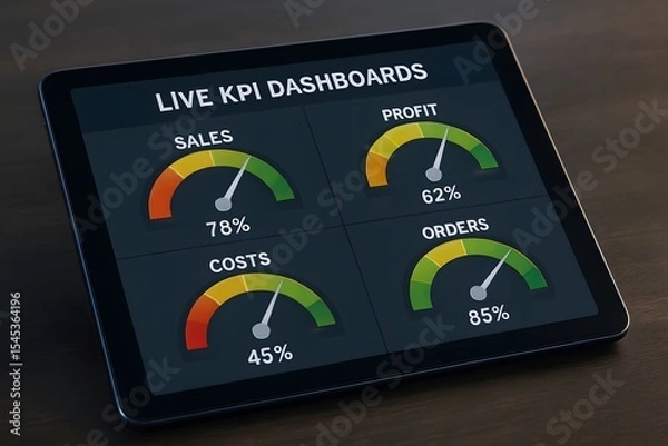 Fototapeta A detailed illustration of a tablet displaying dynamic live Key Performance Indicators (KPI) dashboards for sales, profit, costs, and orders, a visual representation of real-time data analysis.