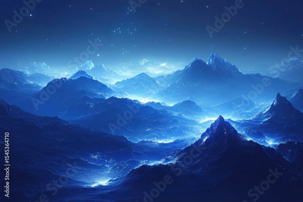 Fototapeta Mountain range silhouetted against starry night sky.