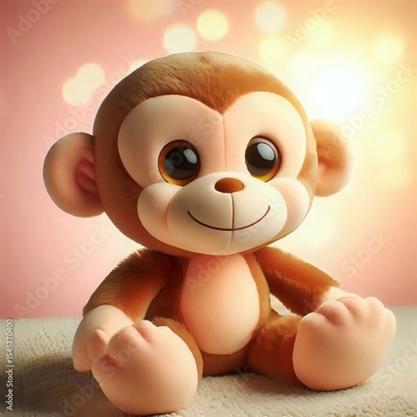 Fototapeta A cute, fluffy monkey toy with a smiling face, sitting on a soft surface with a soft, pink background and a blurred, bokeh effect in the background.