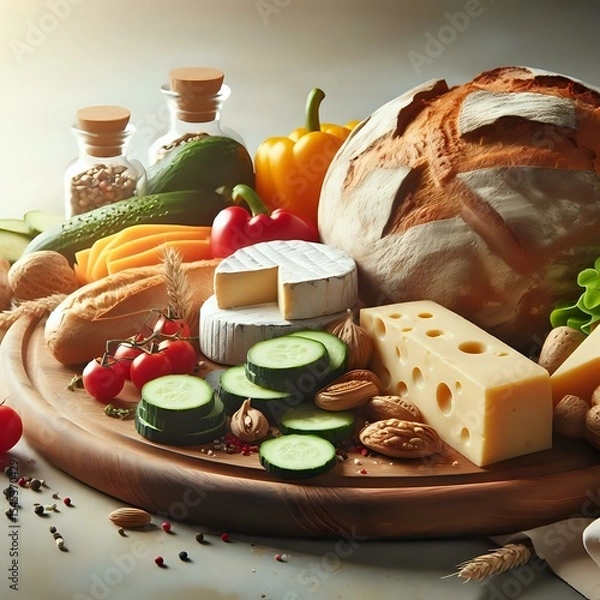 Fototapeta A variety of fresh produce, including bread, cheese, and vegetables, arranged on a wooden cutting board with a white background.