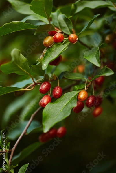 Obraz Developing Goumi Berries on a Lush Green Branch.