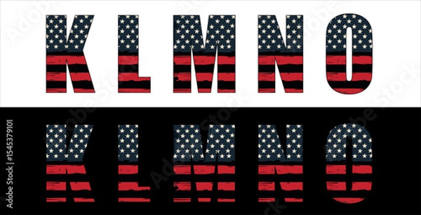 Fototapeta Vector font on background of national flag of usa.
A set of letters of english alphabet with
american pattern of stars and stripes for
clothing, fabric, textile, paper, inscription on t-shirt.