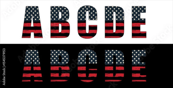 Fototapeta Vector font on background of national flag of usa.
A set of letters of english alphabet with
american pattern of stars and stripes for
clothing, fabric, textile, paper, inscription on t-shirt.