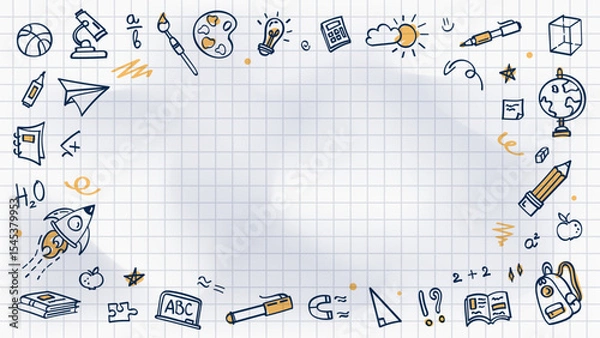 Fototapeta School background with doodle frame of hand drawn education elements on white crumpled checkered notebook paper. Sketch border, creative banner template for back to school theme, education concept.