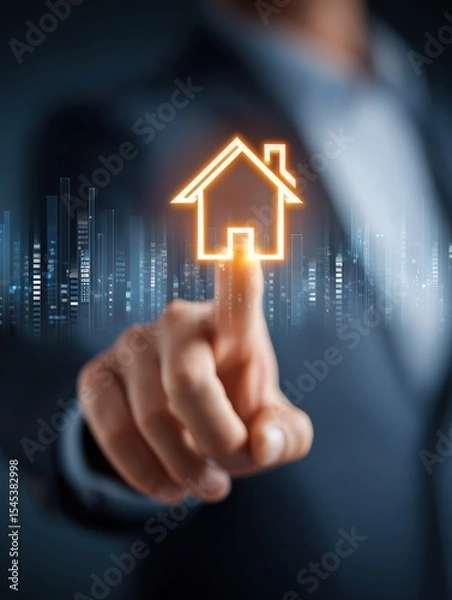 Obraz A man uses a virtual house icon to analyze mortgage loan, insurance, interest rates, investment planning, and business real estate, illustrating the concept of real estate investment.
