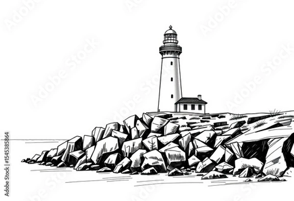 Fototapeta Black and white vector illustration of a lighthouse on a rocky sea coast, sketched landscape, dramatic, landscape