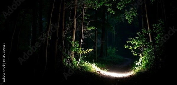 Fototapeta Bright LED flashlight illuminating dark forest path at night, darkness, illuminated