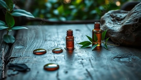 Fototapeta Calming essential oil drops on wood, zen setting,  tranquility,  comfort
