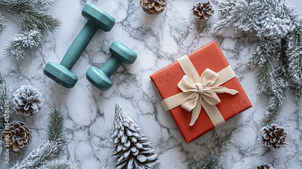 Fototapeta Turquoise dumbbells rest beside a red gift amidst frosted pine and pinecones on marble
