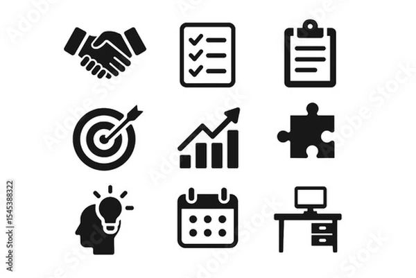 Fototapeta Business planning icons with checklist, calendar, desk, graph, puzzle, lightbulb, and handshake for productivity tools.