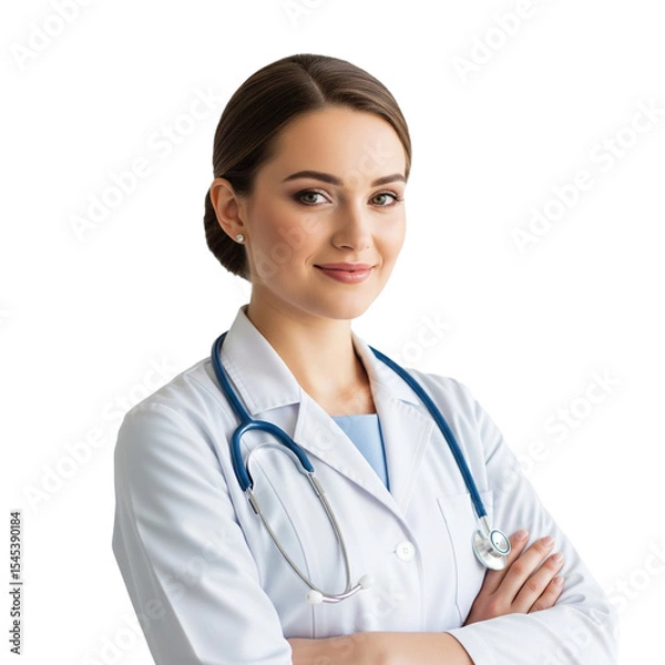 Fototapeta Smiling Female Doctor Confidently Posing with Stethoscope A Portrait of Healthcare Professionalism and Trust in a Transparent Backdrop