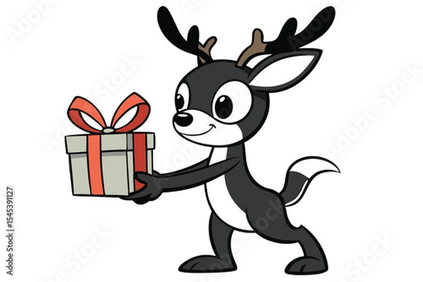Obraz Happy cartoon reindeer holds a present box with a red ribbon, and is quite cheerful