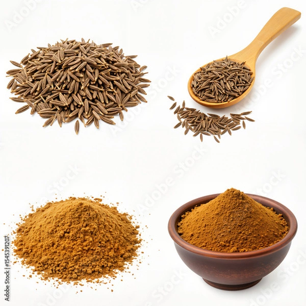 Obraz Cumin seeds and powder set isolated on white background