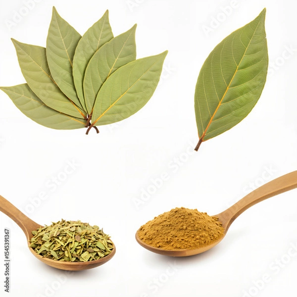 Obraz Bay leaf whole and ground set isolated on white background