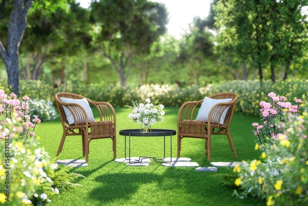 Fototapeta 3d render of a serene garden patio with two wicker chairs and a small table holding a white flower vase, surrounded by lush greenery in a peaceful natural setting.