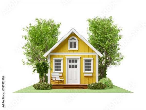 Fototapeta Front view of modern style small yellow house on the green lawn isolated on white background with clipping path 3d render There are plank wall surrounded by nature