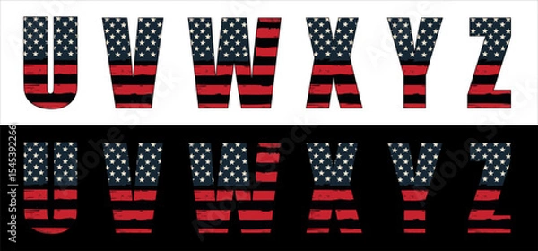 Fototapeta Vector font on background of national flag of usa.
A set of letters of english alphabet with
american pattern of stars and stripes for
clothing, fabric, textile, paper, inscription on t-shirt.