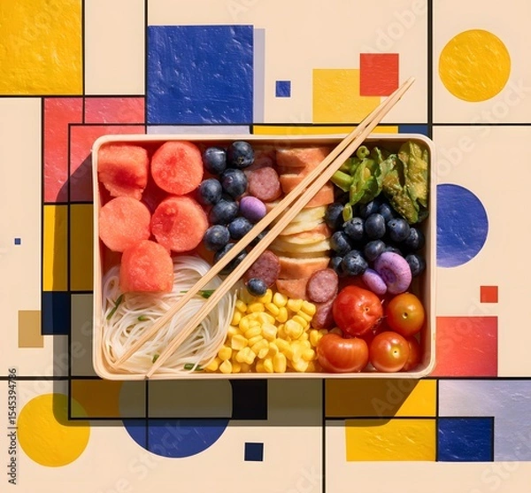 Fototapeta Stylized top-down image of a colorful bento box filled with healthy and vibrant foods such as watermelon, grapes, corn, tomatoes, noodles, sausages, and salad, arranged on a geometric background/
