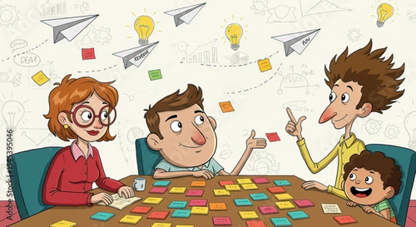 Obraz Cartoon family brainstorming and planning business ideas with post it notes and lightbulbs
