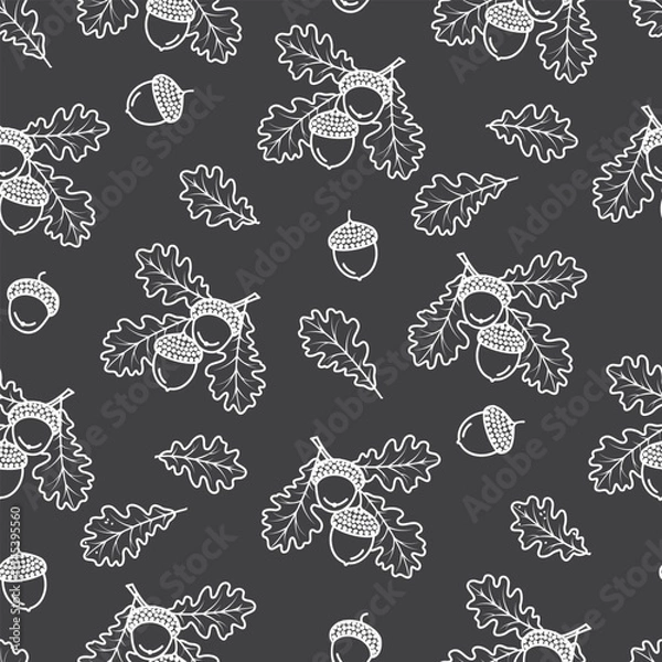 Fototapeta Graphic oak branсhes seamless pattern. Linear art botanical design with acorns and leaves for printing on fabric and paper. White outline on grey background. Vector natural wallpaper, cover, textile.