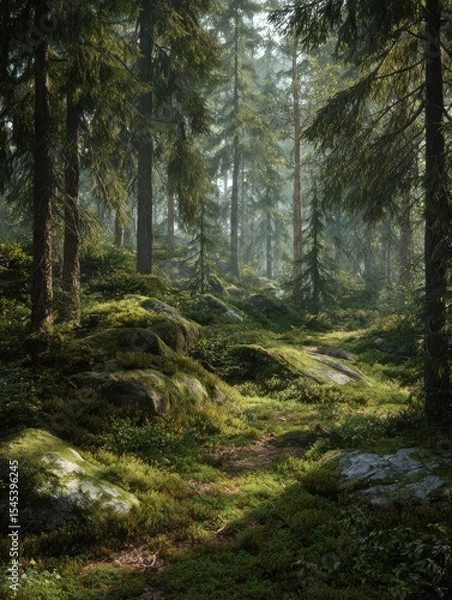 Obraz enchanting scandinavian forest scene with towering evergreens and lush green moss carpeting the forest floor soft diffused light creates a mystical atmosphere