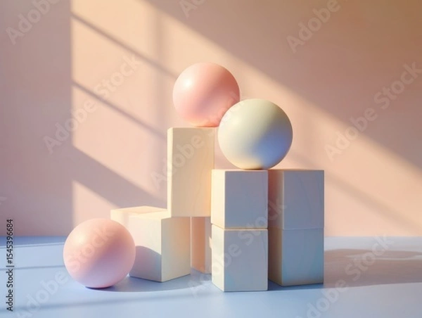 Fototapeta Colorful stack of wooden blocks on table, topped with three round pastel balls and a small square block, against blue wall under window, creating visually pleasing composition