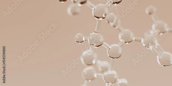 Fototapeta Elegant 3D rendering of a complex glass molecular structure with transparent atoms. Scientific cosmetic product research beige background.