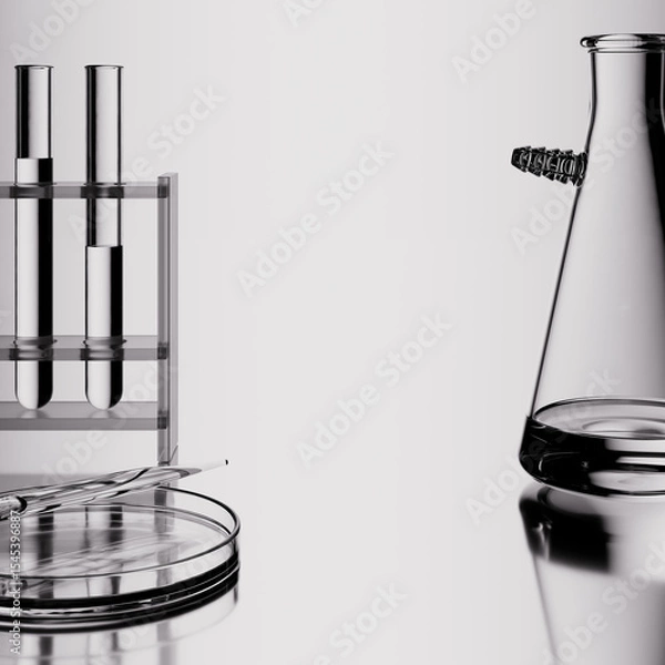 Fototapeta Chemistry glass equipment with test tube rack, petri dish and flask. 3d rendering scientific background