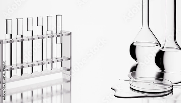 Fototapeta Chemistry glass equipment with test tube rack, petri dish and flasks. 3d rendering scientific background