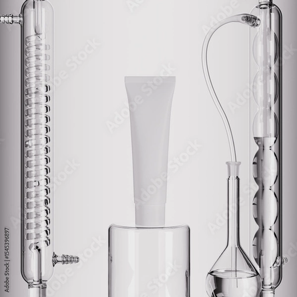 Fototapeta Chemistry laboratory for cosmetic product presentation. 3d rendering background with beauty product placement