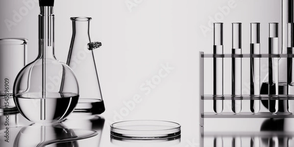 Fototapeta Scientific research background. Chemistry glassware on table. 3d rendering laboratory glass equipment