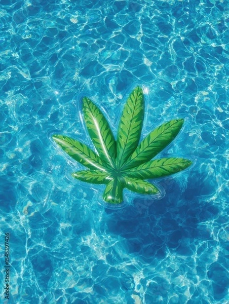 Obraz Inflatable Cannabis Leaf Floatie Summer Pool Party Fun Backdrop, Floating Poolside Swimming Toy, Whimsical Hot Sunny Day Wallpaper, Blue Water Themed Background Graphic