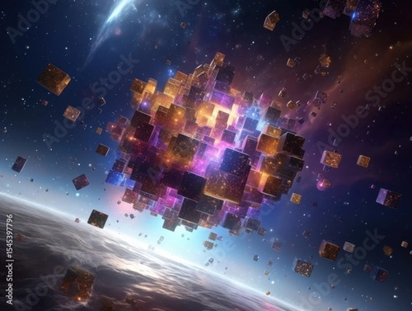 Fototapeta Colorful space scene with floating cubes and intricate crystal formations against vibrant nebula backdrop