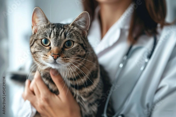 Fototapeta Close-up of a tabby cat in the arms of a veterinarian wearing a white coat and stethoscope at a veterinary clinic.