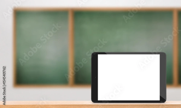 Fototapeta digital tablet with blank screen stands on table against chalkboard background