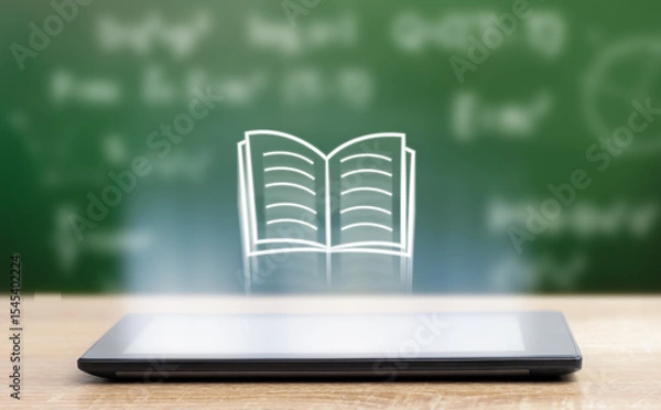 Fototapeta Flying book icon from digital tablet on chalkboard background. e-learning concept