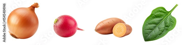 Obraz Fresh vegetables including onion, radish, sweet potato, and spinach  