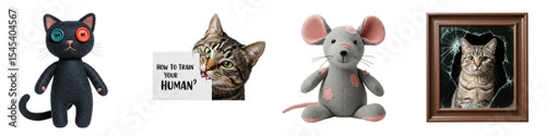 Obraz Plush cat and mouse toys with framed photo of cat and sign  