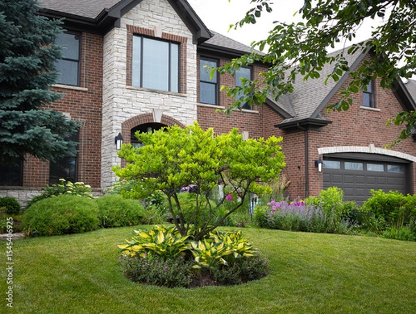 Obraz A graceful magnolia tree blooms before a stately Georgian home, its base lush with stained glass hostas that ripple in the breeze, adding soft texture and color to the elegant landscape.