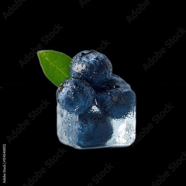Fototapeta Fresh Blueberries on Ice with Green Leaf Side on Black Background
