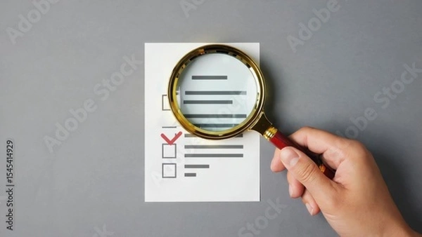 Fototapeta Hand holding magnifying glass over checklist on grey background