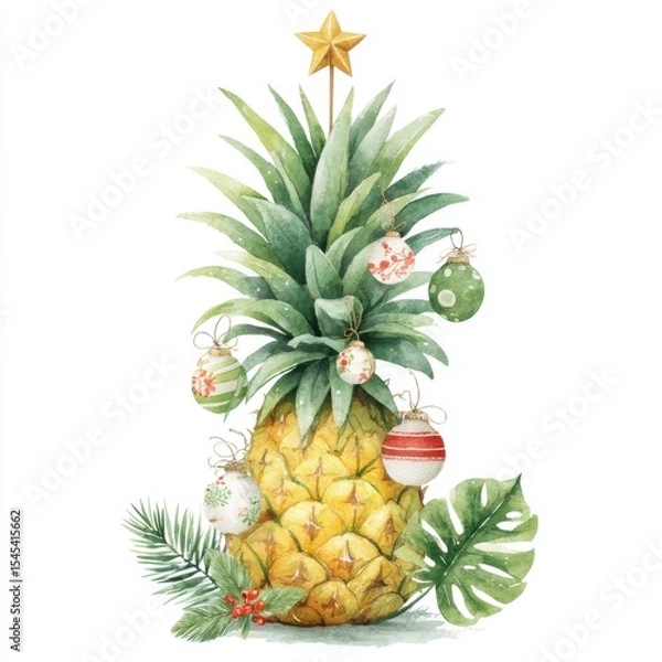 Fototapeta Festive Holiday Pineapple Tree with Golden Star and Painted Baubles