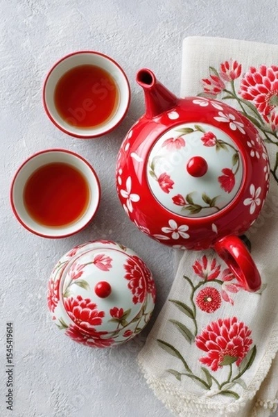 Obraz Red porcelain tea set with floral pattern serving black tea