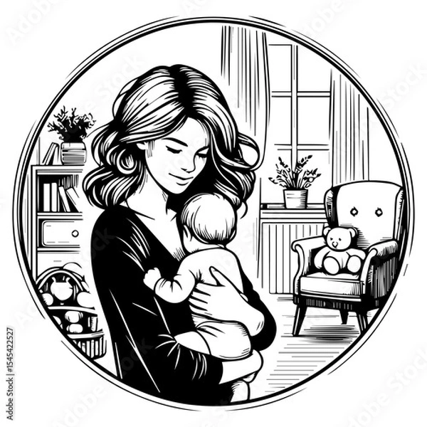Fototapeta A black and white silhouette of a mother holding a baby in a nursery on a white background. Vector graphics. EPS.