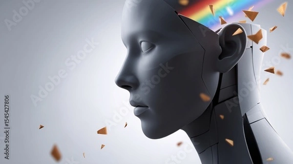 Fototapeta Conceptual Illustration of a Robot's Head with Fragments and Rainbow
