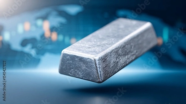 Fototapeta Silver Bar Floating Above Digital World Map with Financial Data
