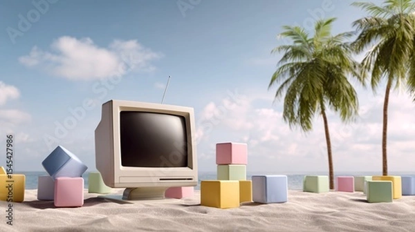 Fototapeta Vintage Computer on Beach with Building Blocks